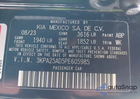 2023 Kia Rio 5-Door S z USA, uszkodzony, nr VIN 3KPA25AD5PE605985